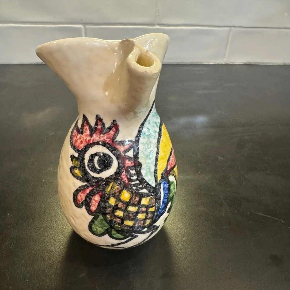 Hand Painted Ceramic Rooster Pitcher Small Cream Multi Color Vintage Folk Art